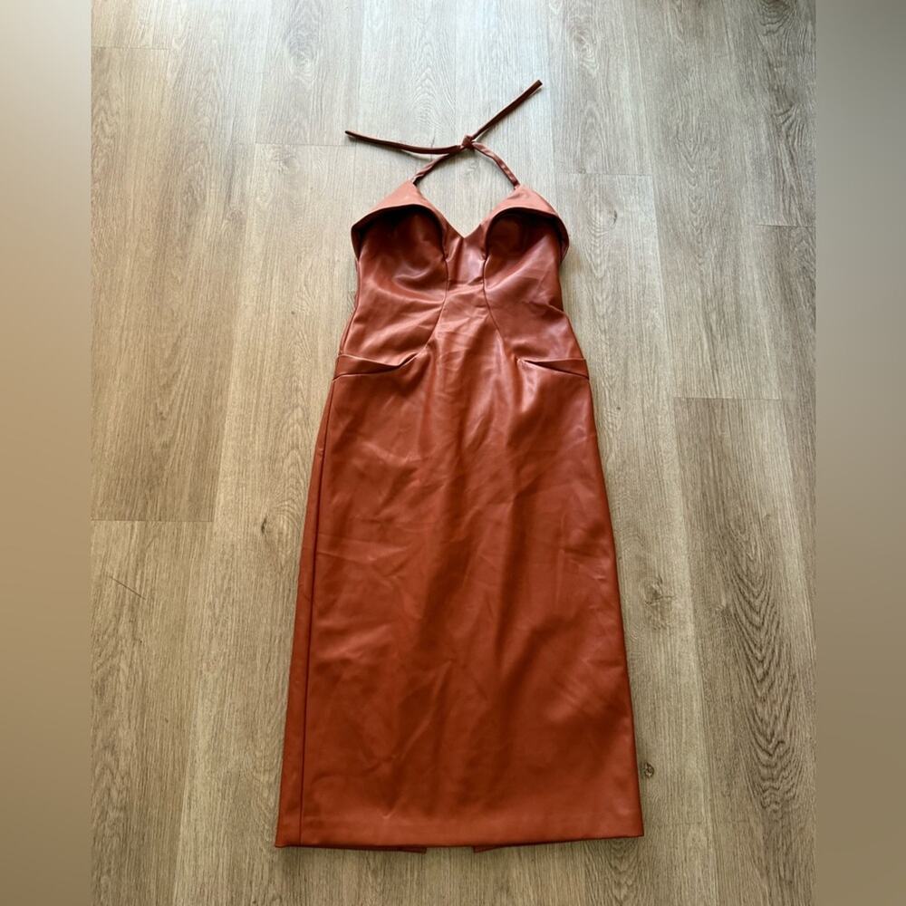 cult gaia zahora brown faux leather halter style sculptural bust detail dress 10 - Picture 4 of 12